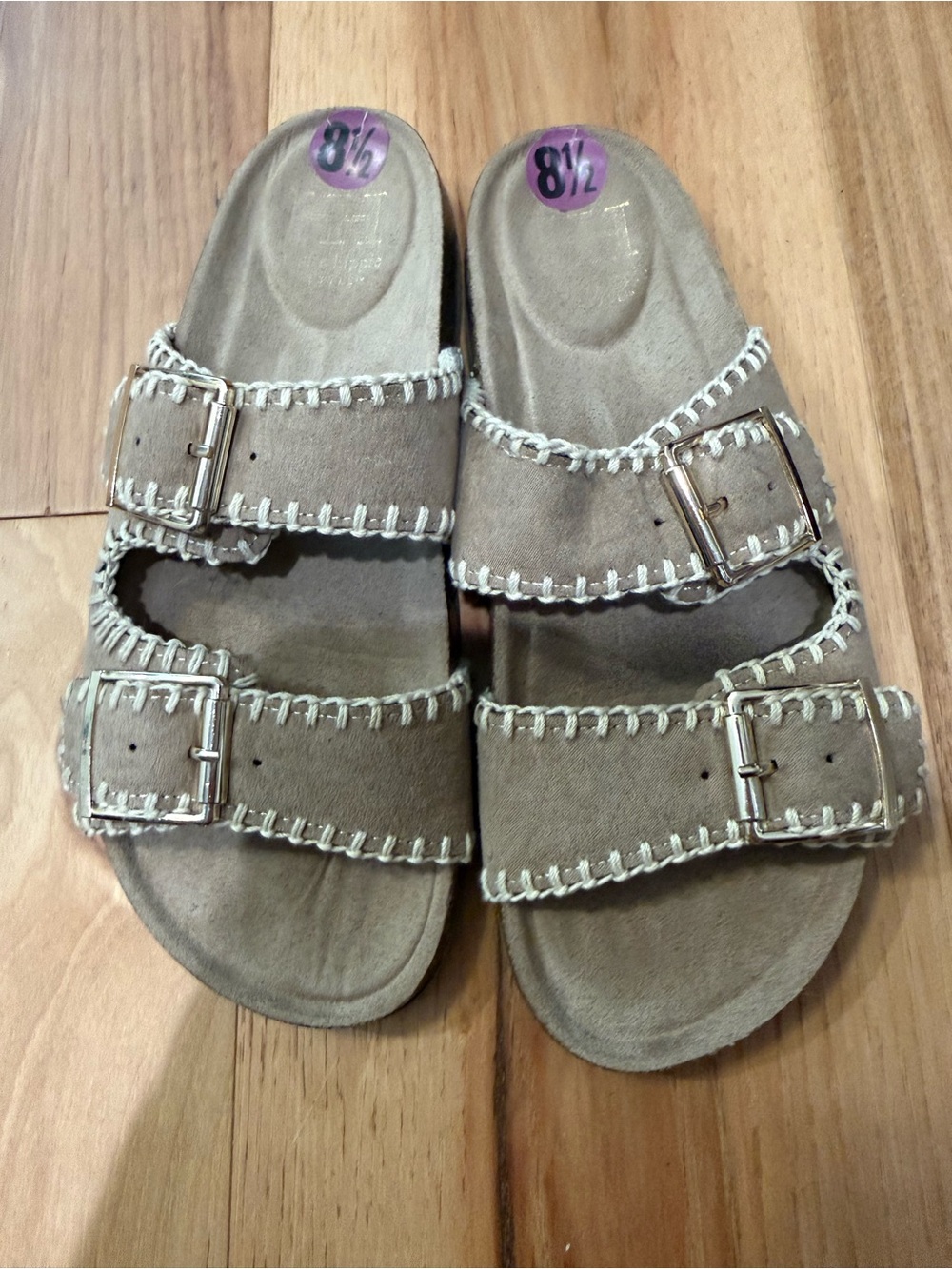 Source Unknown Taupe Double Buckle Slide Sandals with Cream Stitching